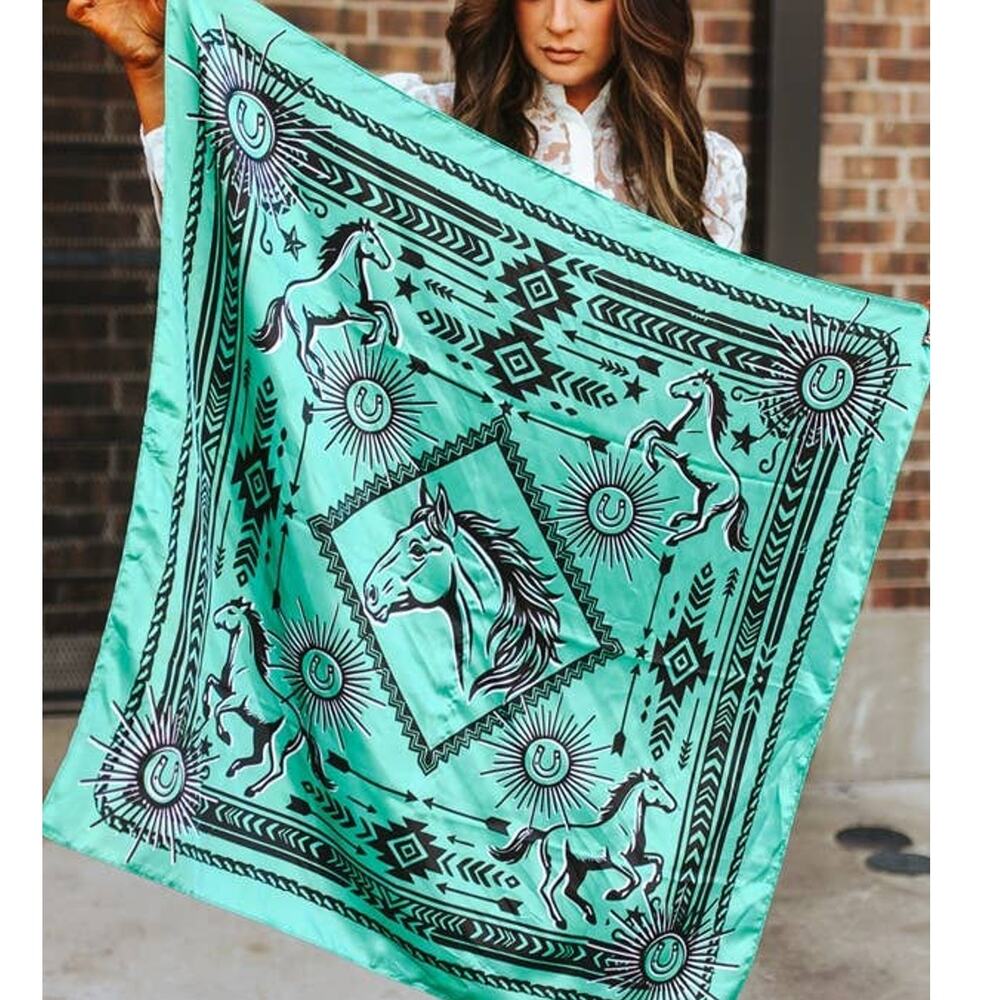 Mint Aztec Arrow & Horse Double-Sided Wild Rag — Western Scarf